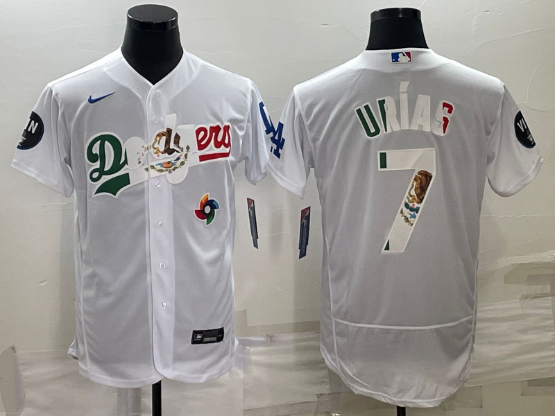Men's Los Angeles Dodgers #7 Julio Urías White With Vin Scully Patch Flex Base Stitched Baseball Jersey Men's Los Angeles Dodgers #7 Julio Urías White With Vin Scully Patch Flex Base Stitched Baseball Jersey
